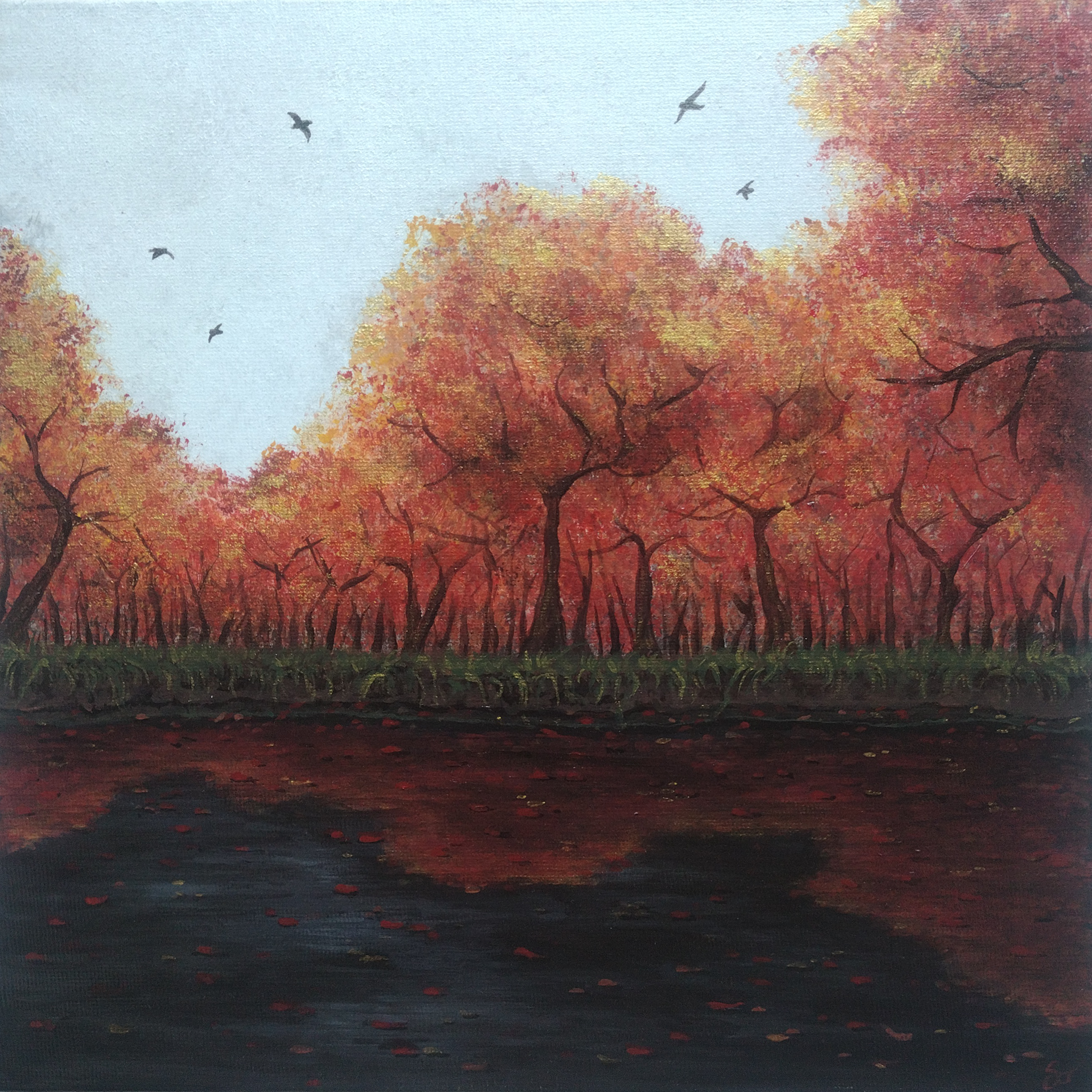 Petit tableau format carré, peint à la main, nature, ambiance automne