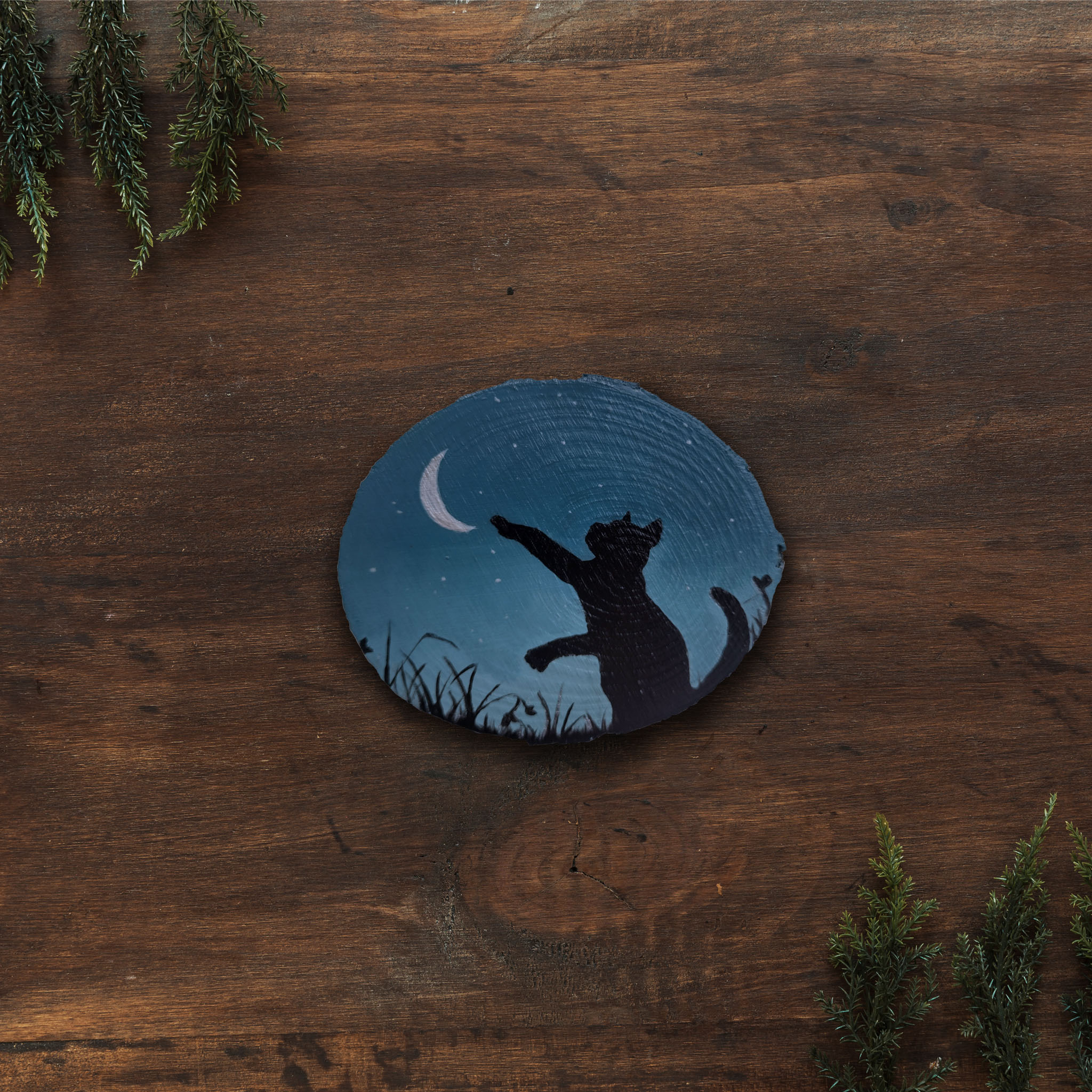 Rondin de bois peint à la main, peinture sur bois chat mignon lune magie
