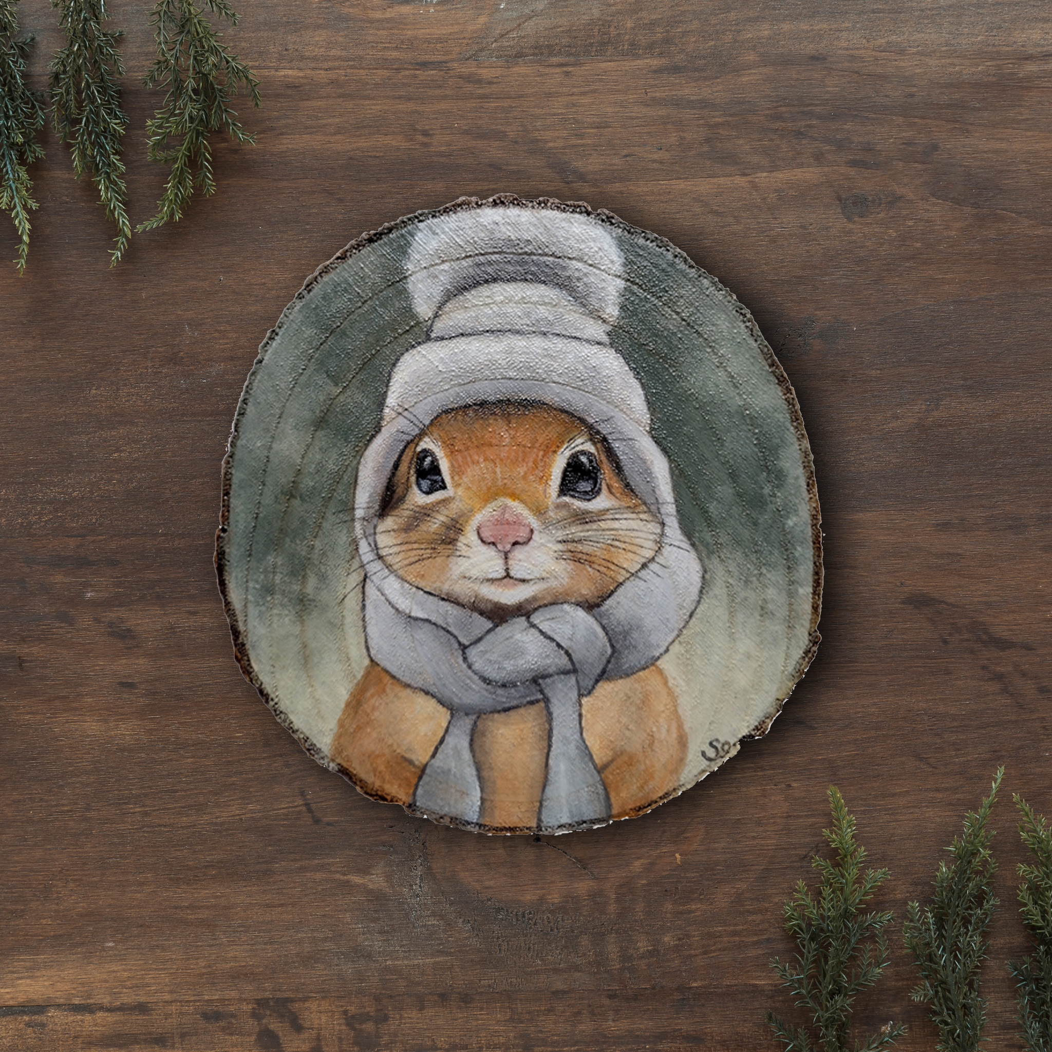 Peinture sur bois, rondin de bois, peint à la main, écureuil mignon