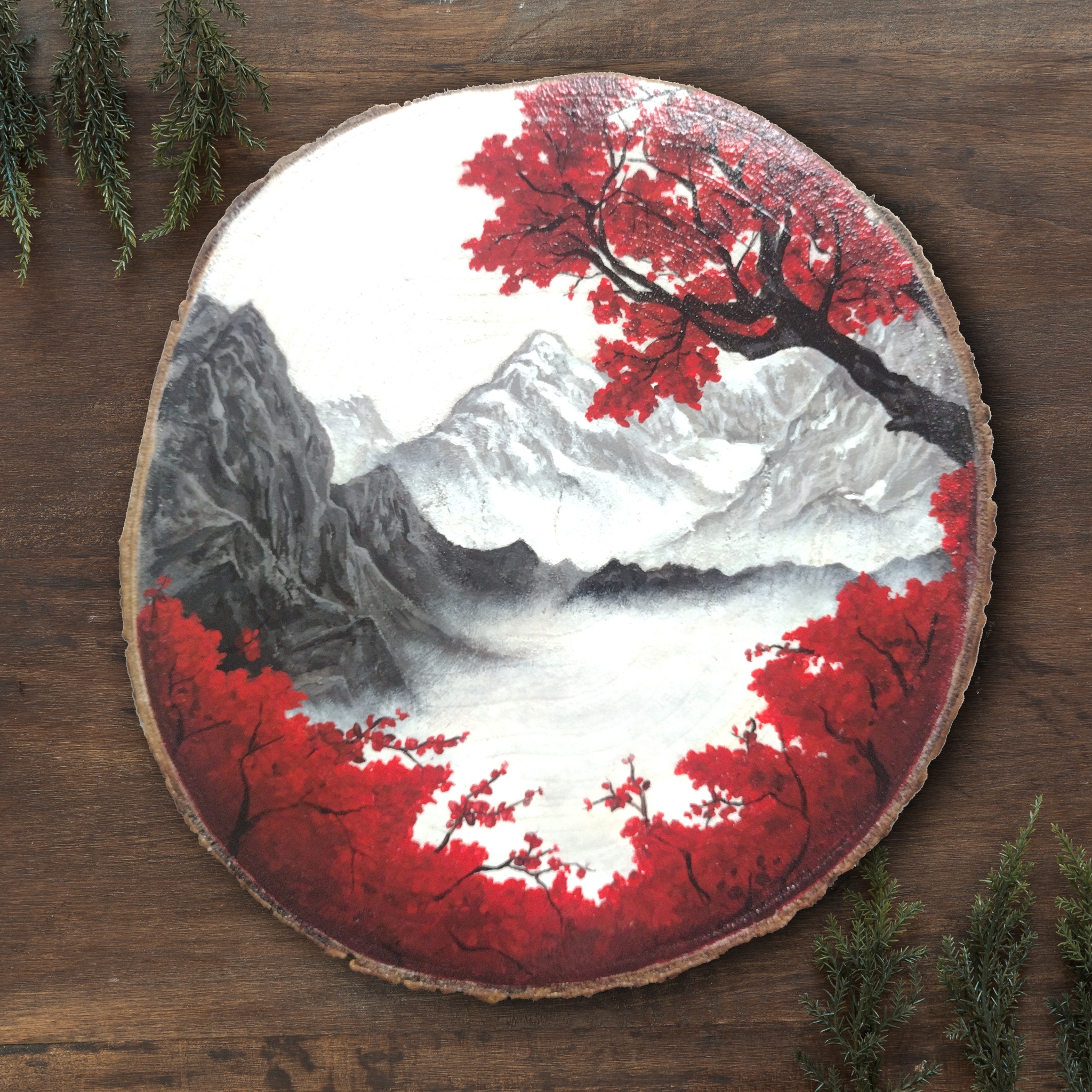 Rondin de bois peint à la main, peinture sur bois paysage, nature, arbre couleurs d'automne et neige