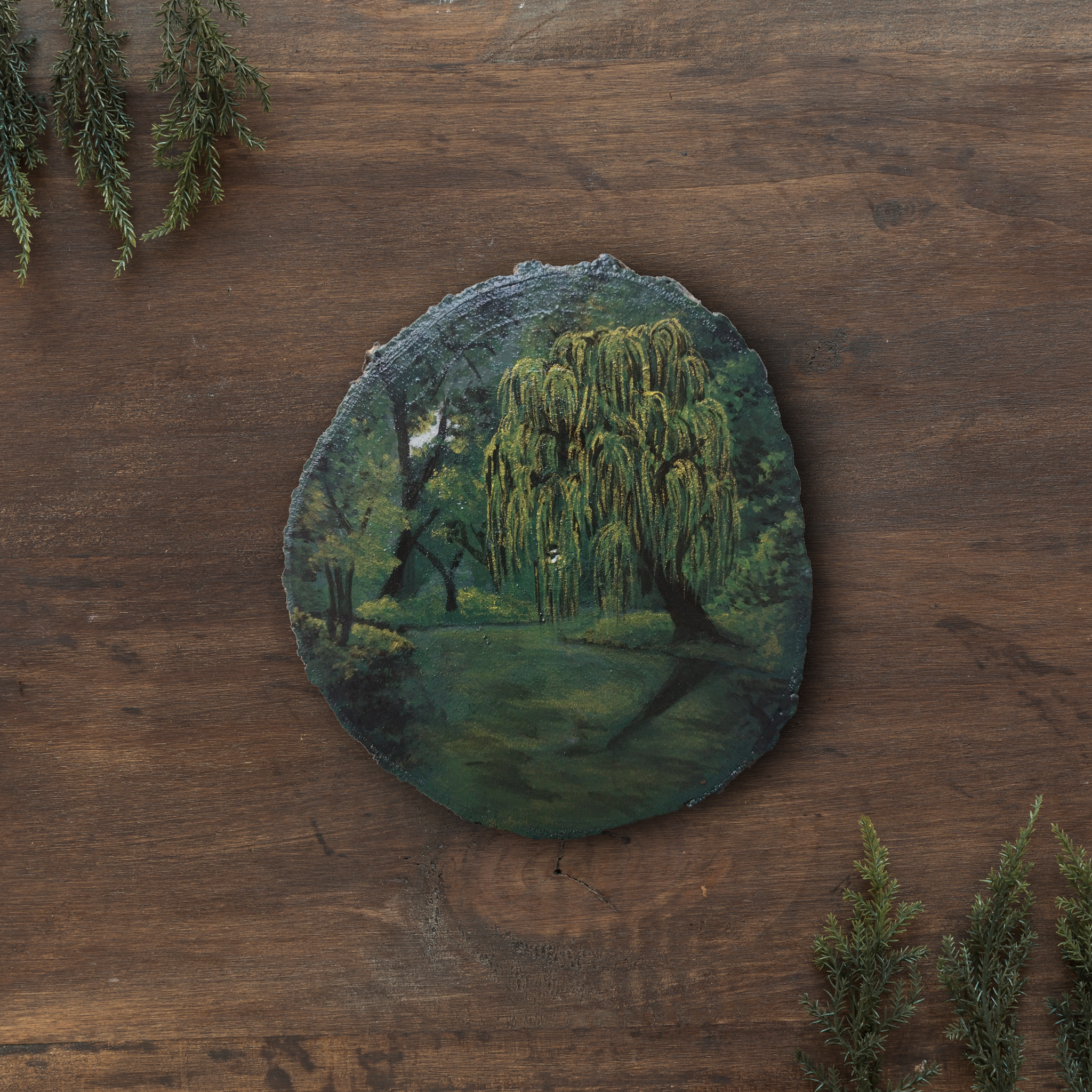 Rondin de bois peint à la main, peinture sur bois paysage, nature, sol pleureur près de l'eau